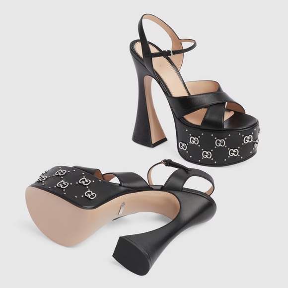 Gucci Black Malaga Kid Interlocking G Studs 155mm Platform Sandals - Picture 9 of 11